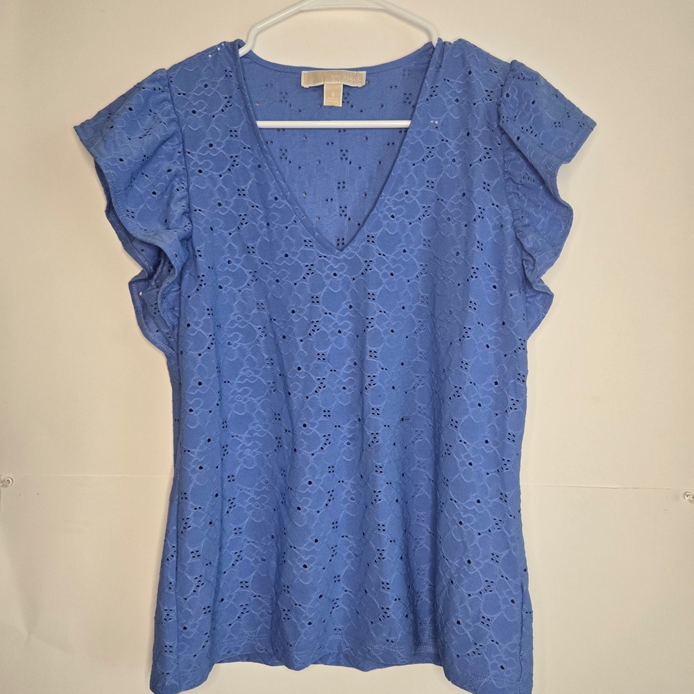 Michael Kors Blue Eyelet Ruffle Flutter Sleeve V-Neck Top Small